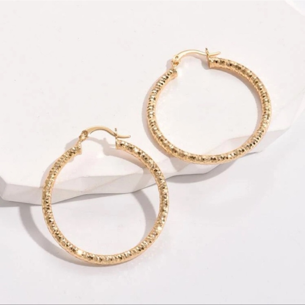 18K Yellow Gold Medium Diamond Cut Textured Hoop Earrings, 35mm